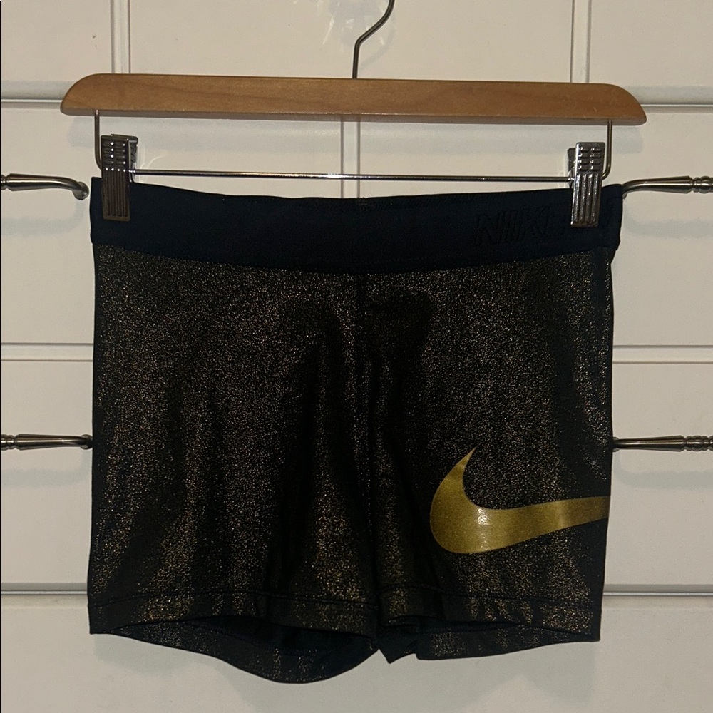 Vintage Nike Pro Women's Glitter Black and Gold Shorts 4”